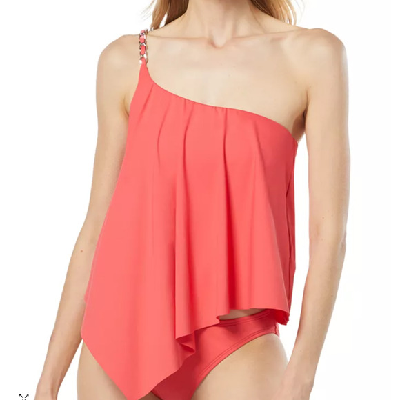 Michael Kors Women's Chain-Trim One-Shoulder Tankini Top Geranium Size M 10211